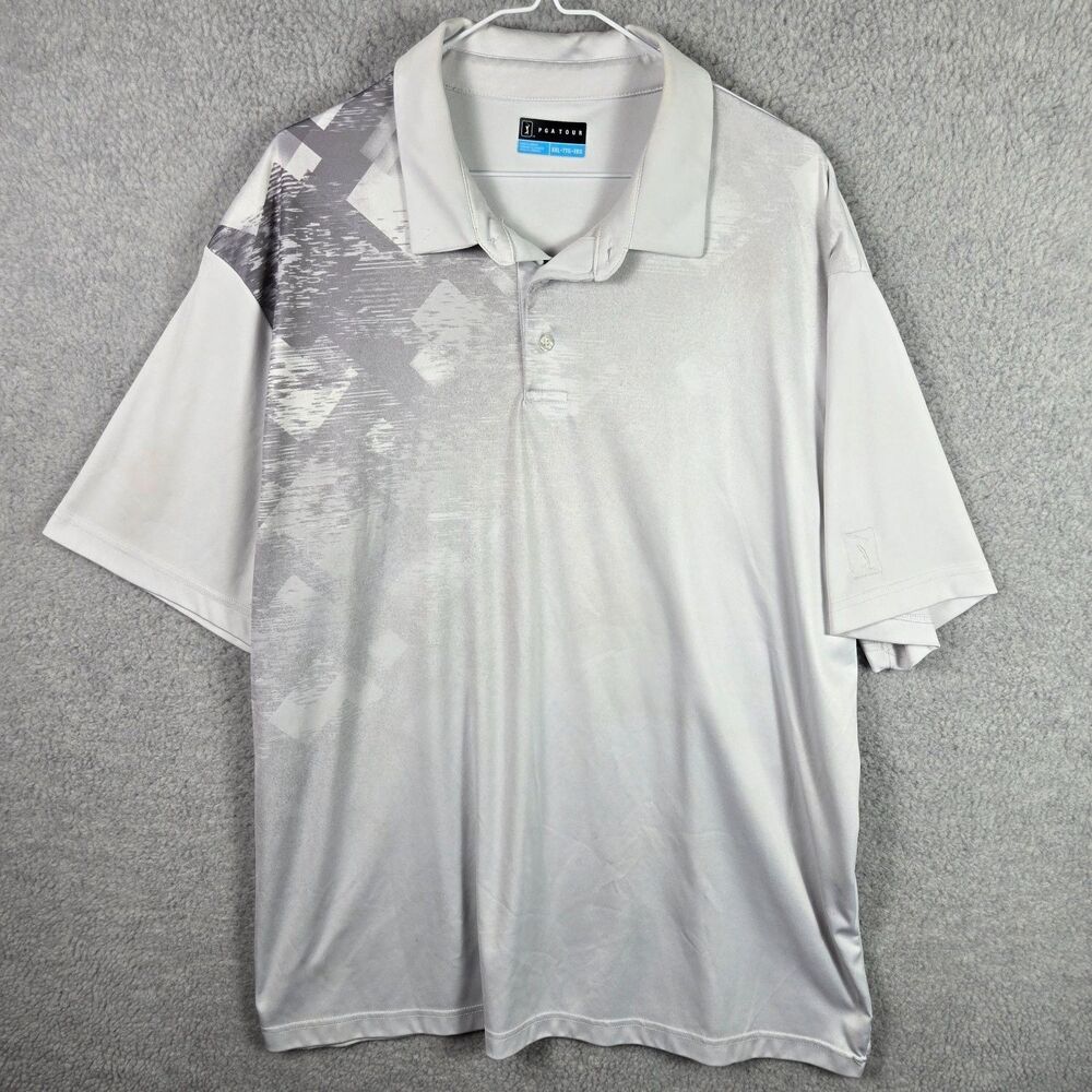 PGA Tour Golf Shirt Mens XXL Gray Geometric Print Short Sleeve Polo Top